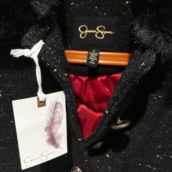 Jessica Simpson - Girls peacoat, faux-fur collar, sparkles in Black (Size 4) NWT - Picture 2 of 4